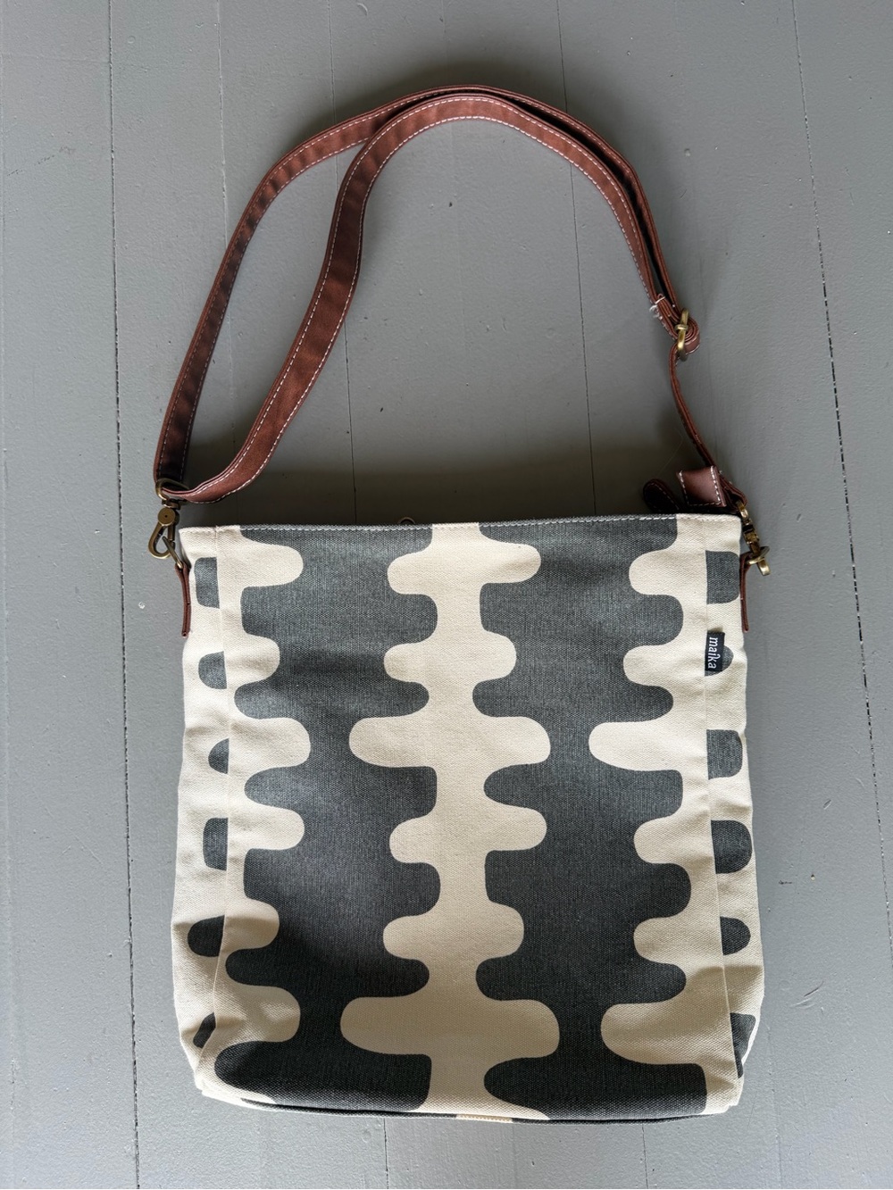 Maika Canvas Patterned Crossbody Tote with Brown Vegan Leather Strap - Picture 1 of 4